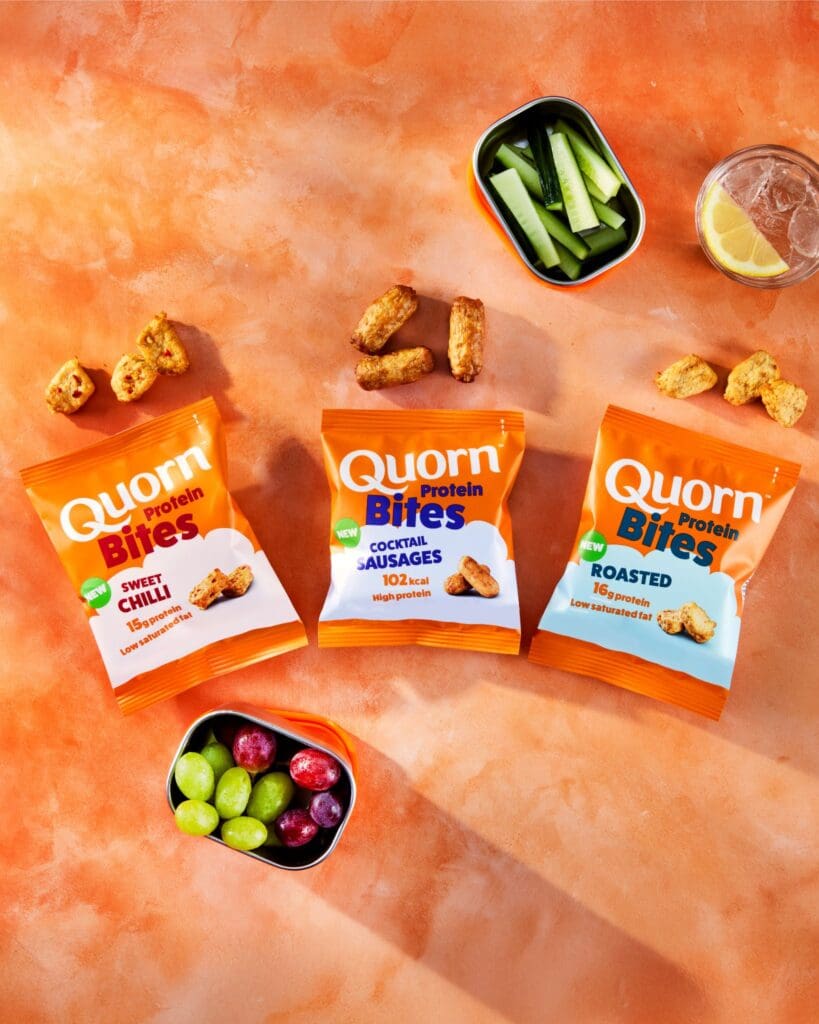 Three quorn products with an orange background
