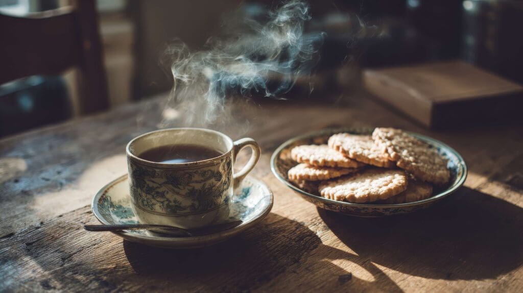 Plate of biscuits next to a cup of tea on a wooden table