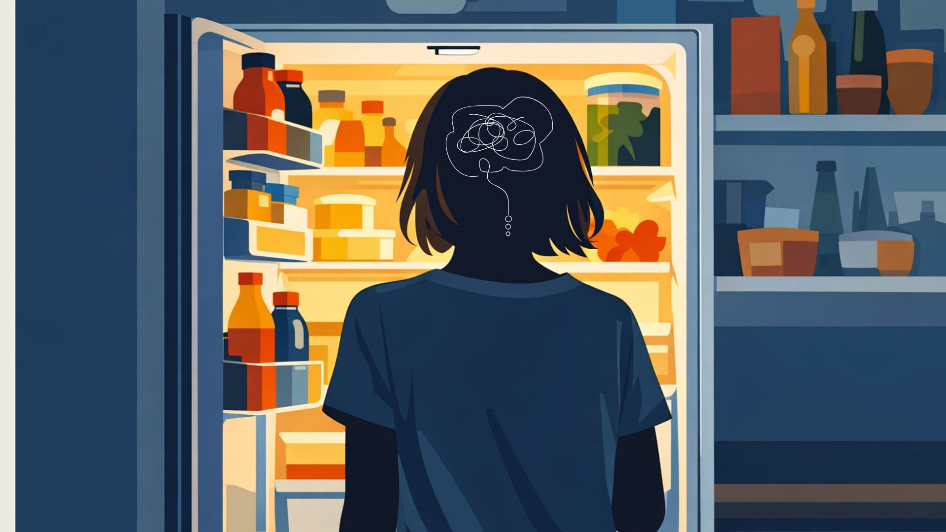 Woman stood in front of fridge at night