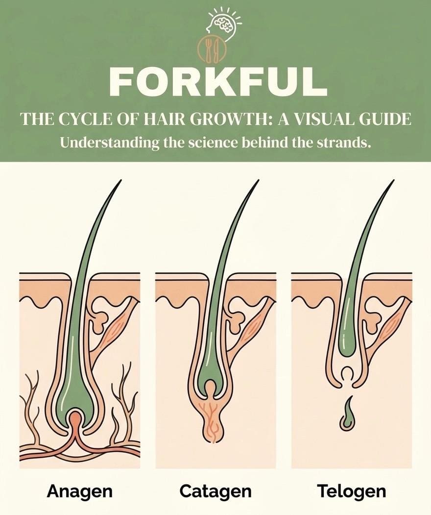 Forkful Infographic – Billy Yeomans 2 A visual guide to the cycle of hair growth. Showing three different hair strands