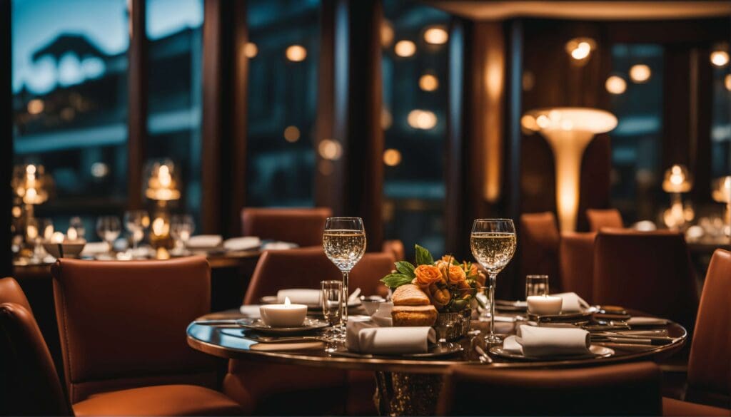 Restaurant table set with plates, cutlery and glasses