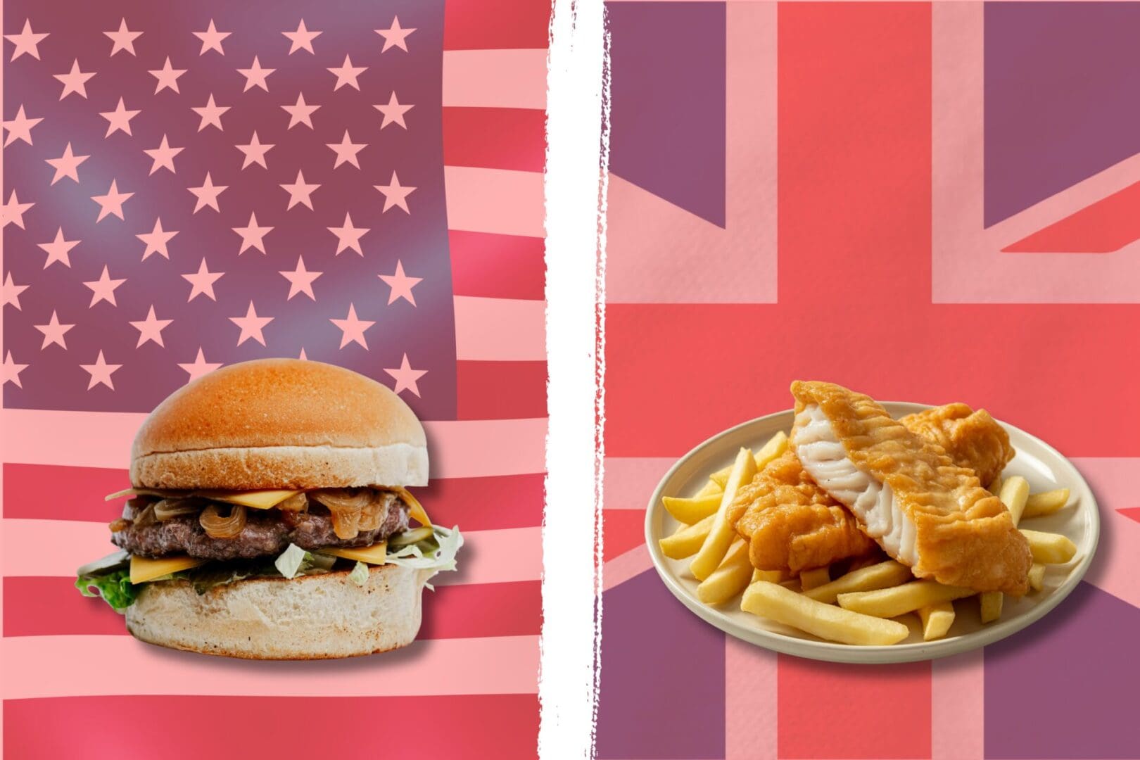 UK US HISTORY A burger in front of an American flag and a plate of fish and chips in front of a Union Jack.