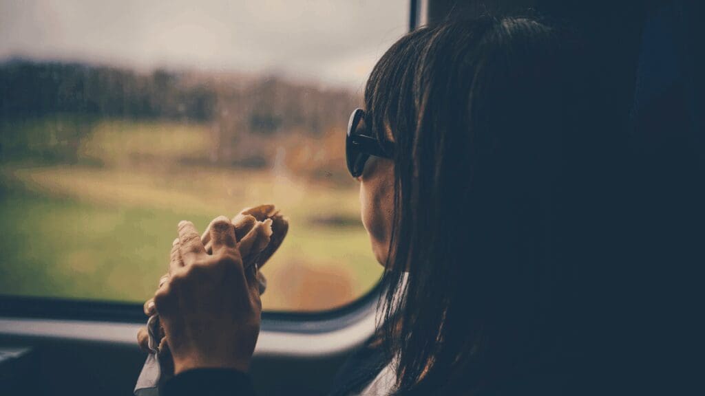 Picture of a passenger eating a sandwich on the train. Credit to Canva.