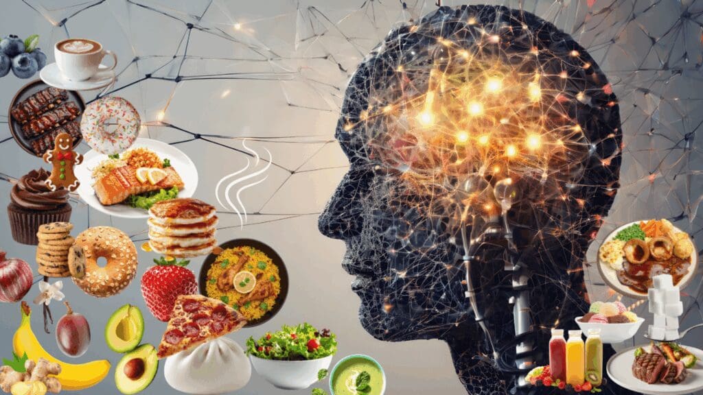Picture of a graphic of human brian with food around.