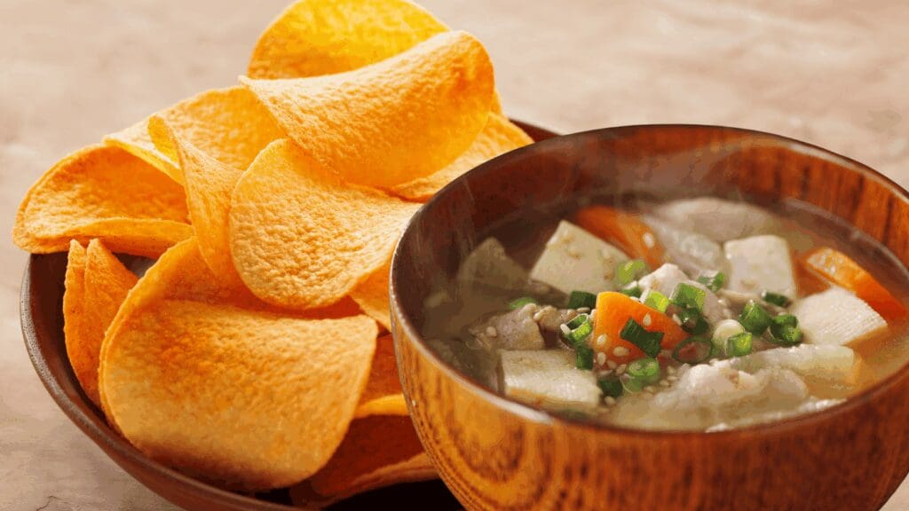 Picture of a bowl of crunchy crisps and a bowl of warm soup.