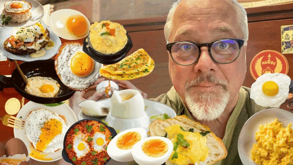 Picture of Dr. Ken Albala with all different ways to eat eggs.