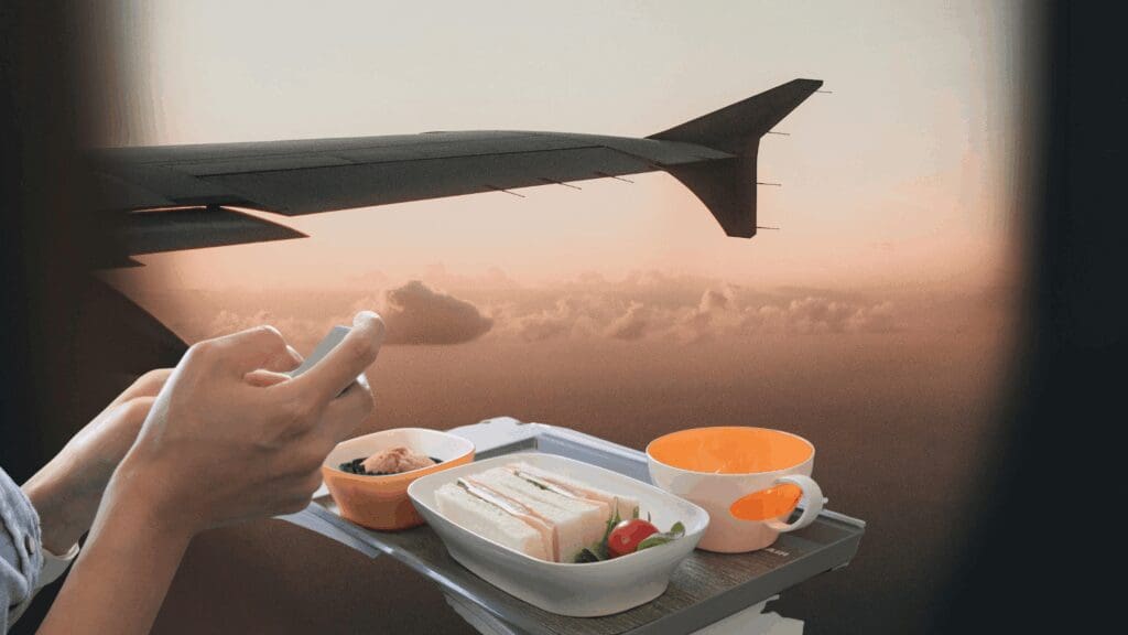 Picture of food with a background of airplane. Credit to Canva.