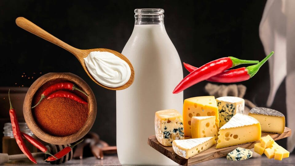 Picture of spciy chili and chili powder with milk, cheese, and sour cream. Picture of spciy chili and chili powder with milk, cheese, and sour cream.