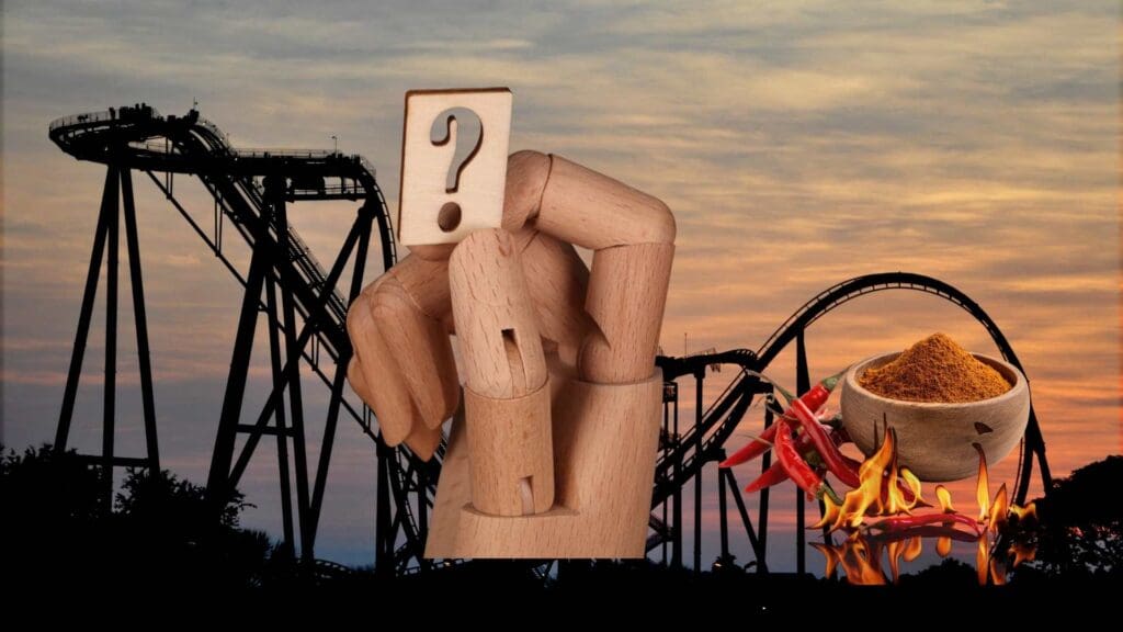 Picture of a rollercoast on sunset with a wooden hand holding question mark in the middle and spice on the right side of the foreground.