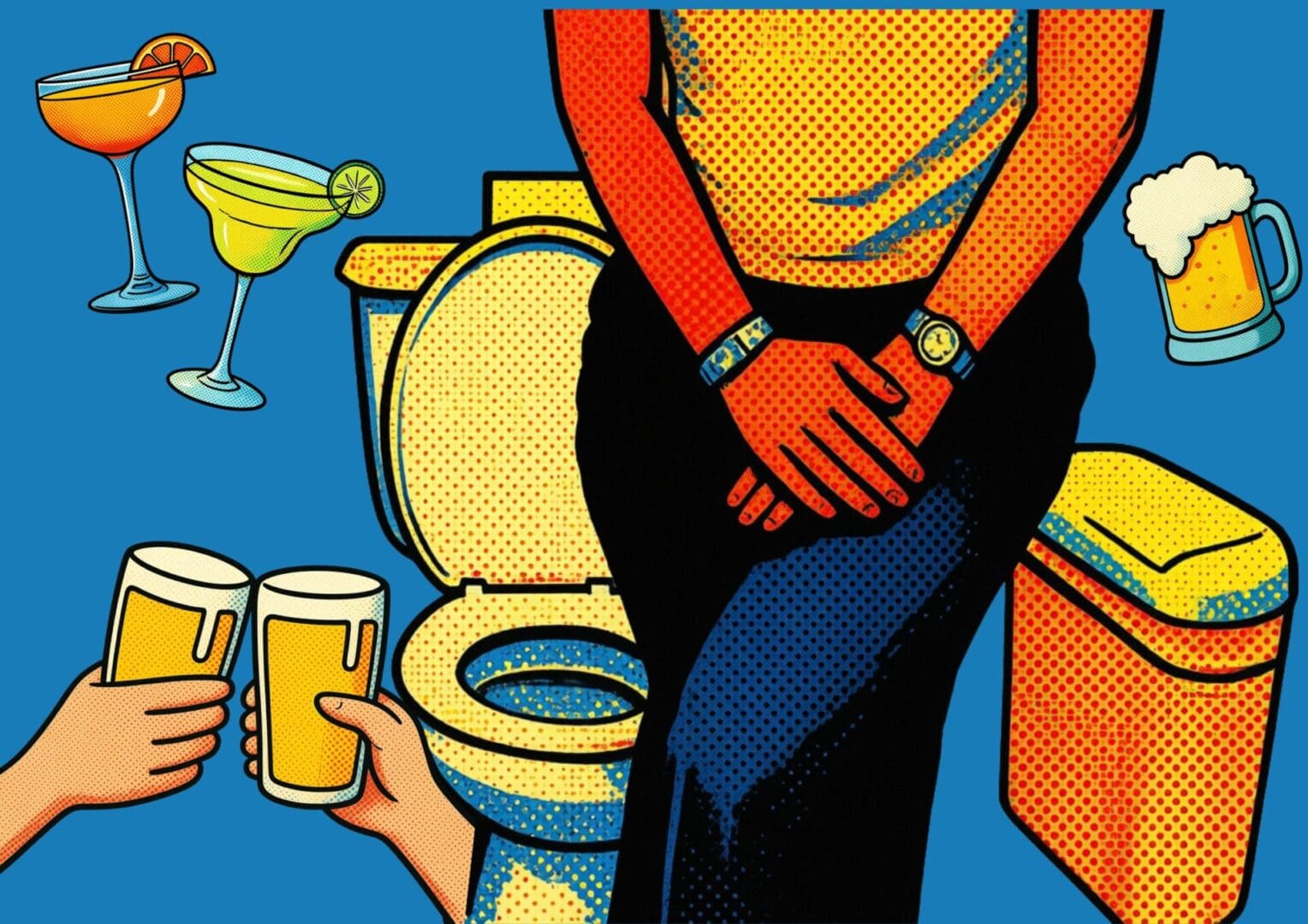 Untitled design Pop-art style woman with hands crossed over her lap demonstrating her need to urinate. She is positioned in front of a toilet n the same style with two images of beer and two cocktails floating around her to signal what the article discusses.