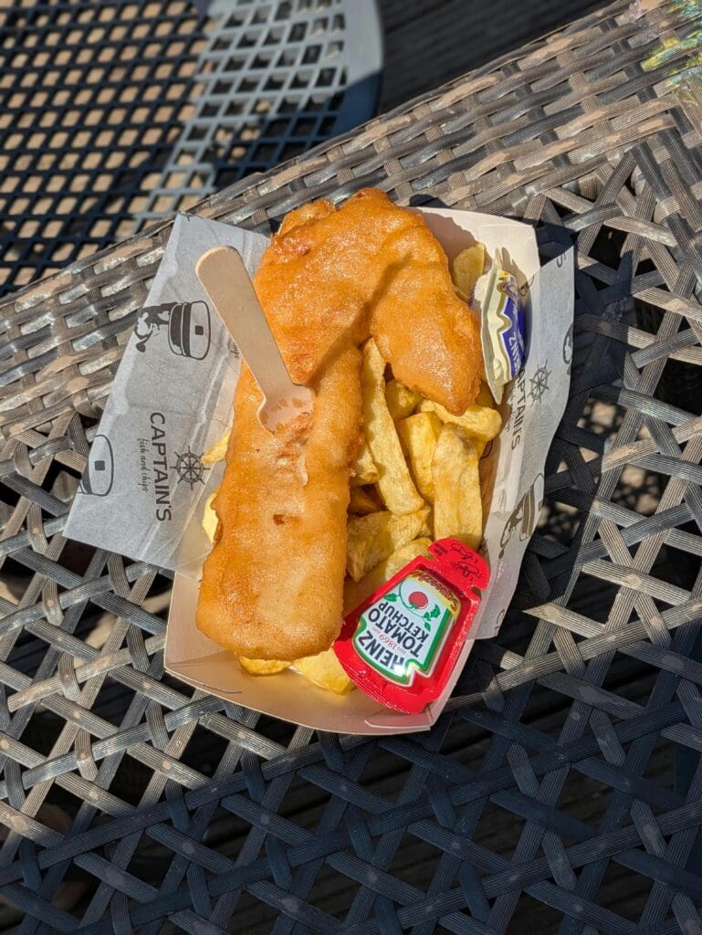 A tray of fish and chips with sachets of ketchup and mayonnaise.