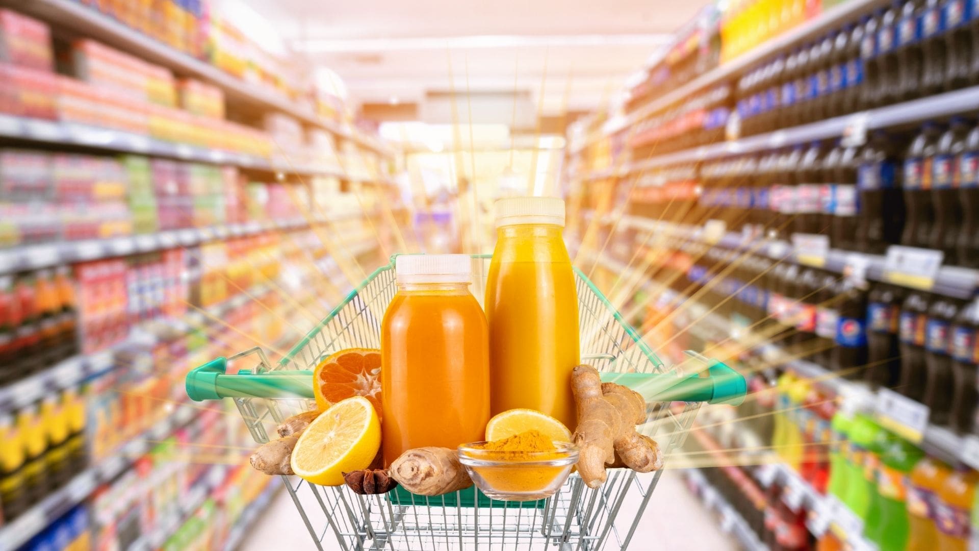 side bar – hiking rose article (Presentation) (11) Picture of a shopping cart with ginger shots in it in a supermarket aisle.