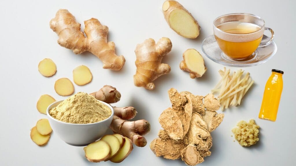 Picture of different types of gingers including dried ones, fresh ones, ginger tea and ginger shots. 
