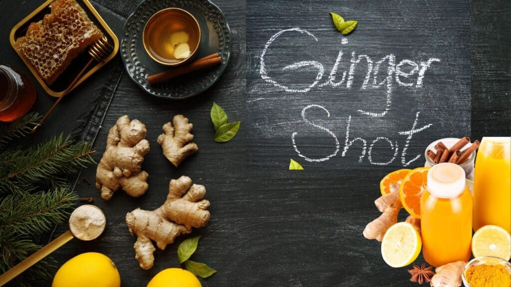 Picture of ginger products and ginger shots with the words "ginger shot" written on a blackboard background.