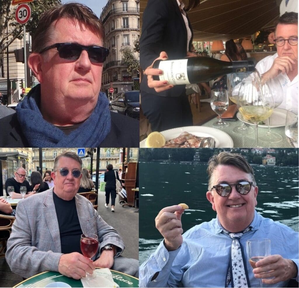 Four pictures of Dr. John Prescott. Top left one shows him wearing a pair of sunglasses on the street of Italy; top right onr shows someone pouring white wine for him in a restraurant; bottom left one shows him wearing a suit with a glass of wine, he is wearing sunglasses in an outoor bar; bottom right one shows him on a boar holding a small bite of cheese and a glass of wine, he is wearing a pair of sunglasses.