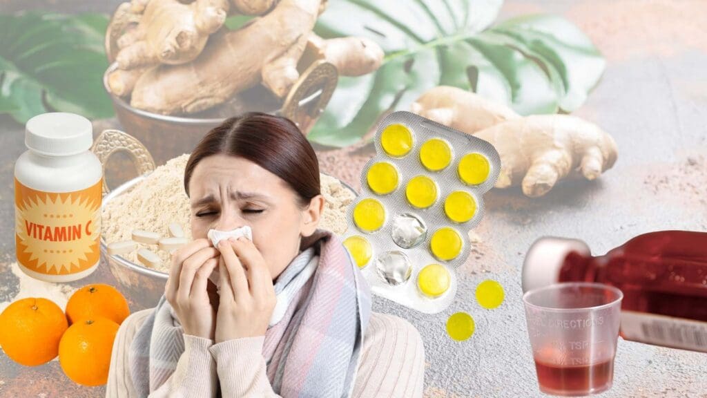 Picture of vitaminC tablets and oranges on the left side, and a women in the middle sneezing, and lemon flavoured tablets next to her, and on the right side of the picture is cough medicine.